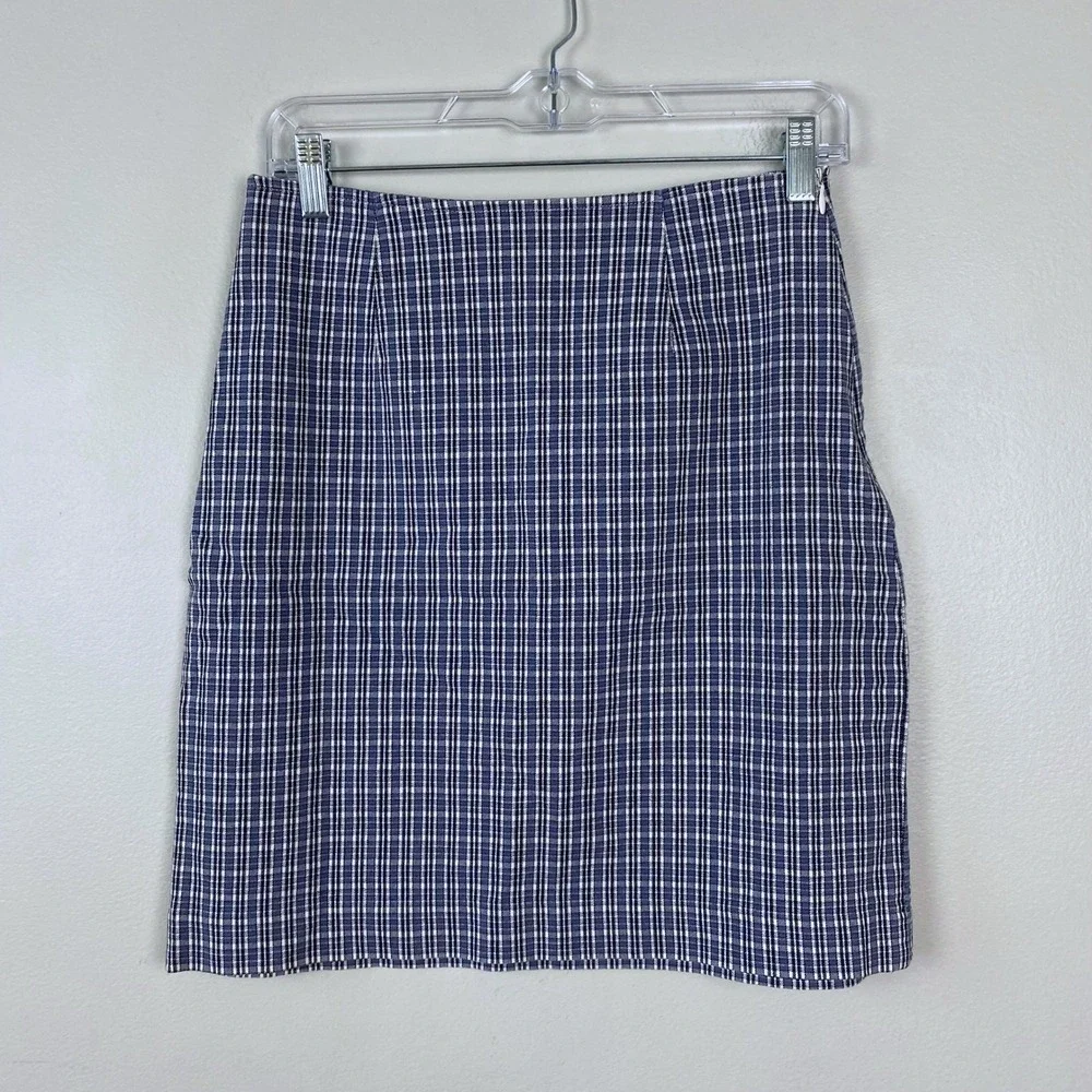 Faded Glory Stretch Plaid Mini Skirt Blue White Y2K Vintage Academia Size Medium